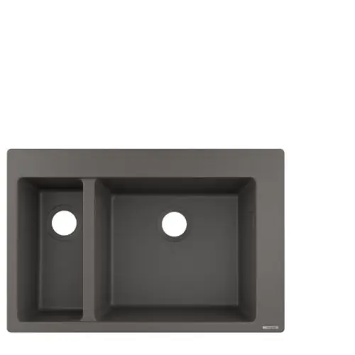 Einbauspüle in Steingrau mit zwei Becken und Löchern für Armaturen, von Hansgrohe. Die Spüle zeigt eine einfache, praktische Form.